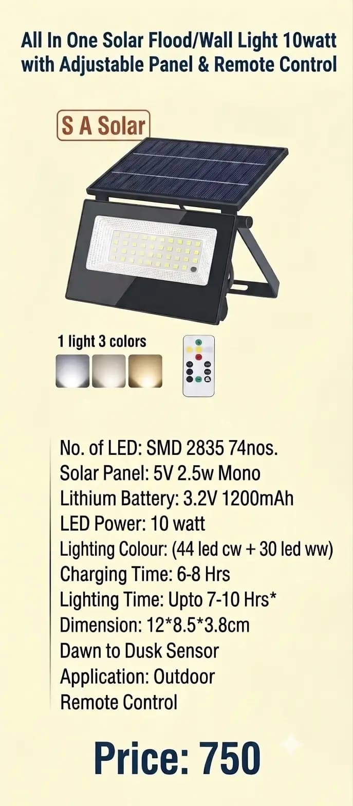 10W Solar LED Flood Light with panel and remote